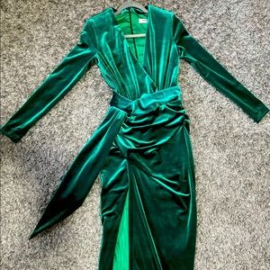 House of CB long dress with a split down the right leg emerald green, velvet, sm